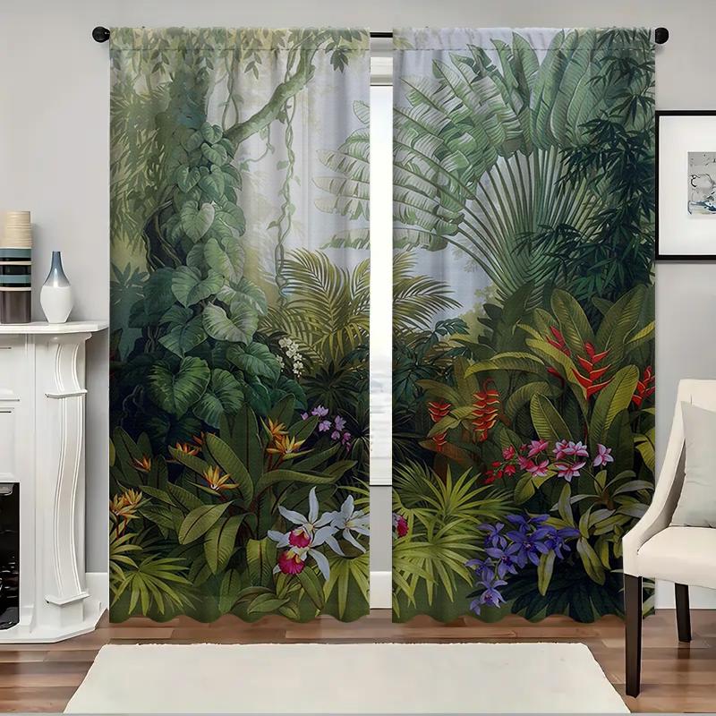 Home Tropical Leaves Curtains Landscape Background Kitchen Coffee Shop Living Room Bacony Curtain With Pole Pocket Polyester Perfect For