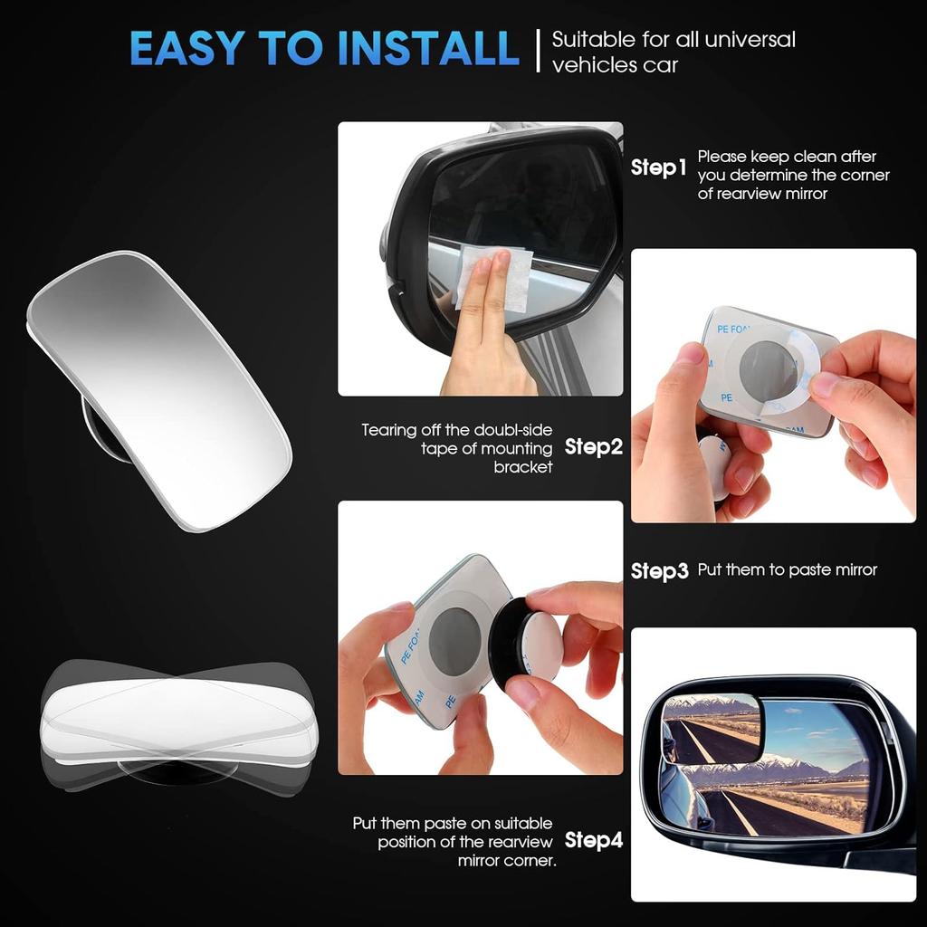 BBTO Blind Spot Car Mirror 4 Pack 360 Degree Glass Traffic Safety Rearview Mirror Rectangle Convex Spot Frameless Adjustable Self Adhesive Angle For