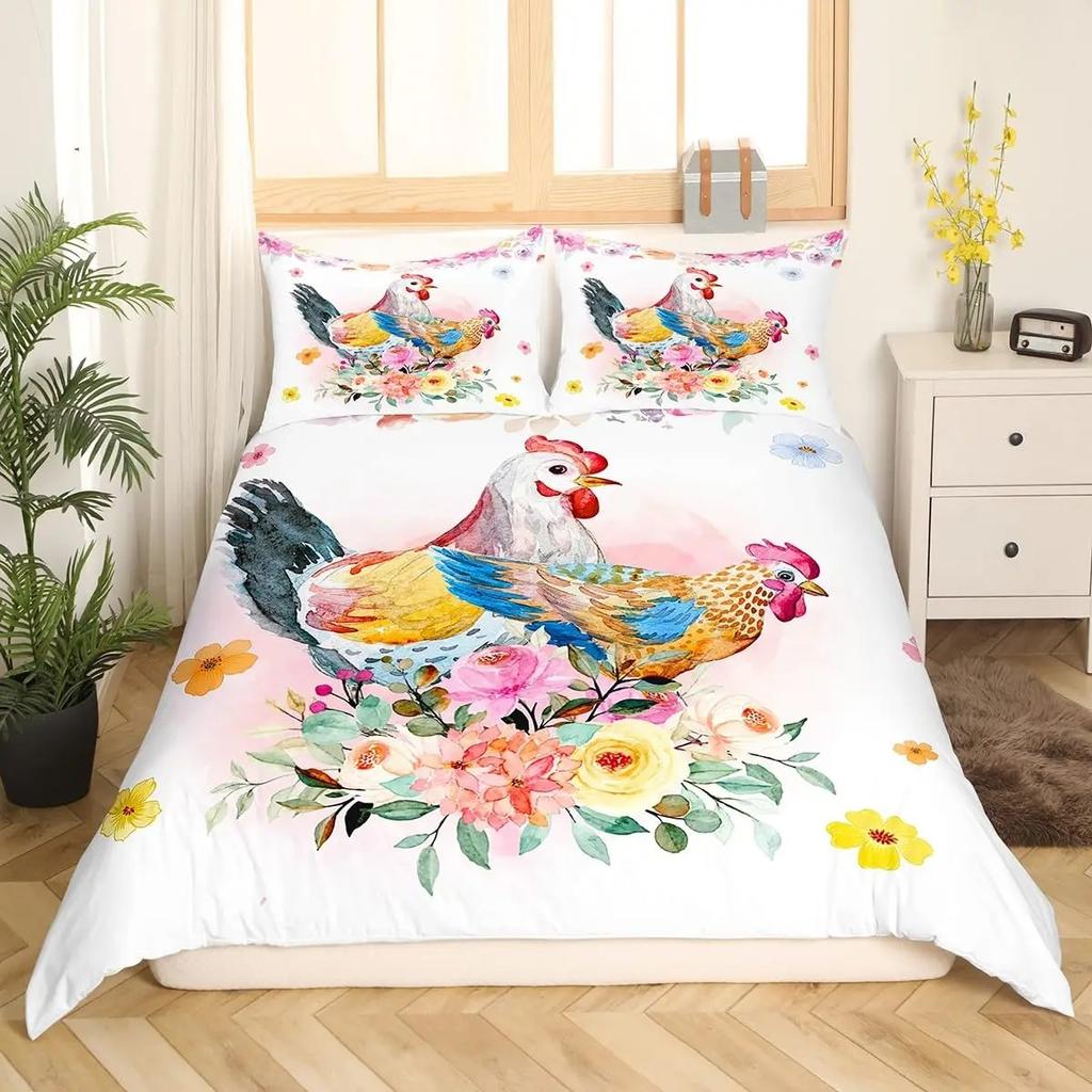 Cute Chicken Duvet Cover King Queen Colorful Rooster Bedding Collection Farm Animal Comforter Cover Funny Rustic Farmhouse Quilt Cover