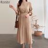 ZANZEA Women Casual Pleated Patchwork Loose Long Sleeve Dress