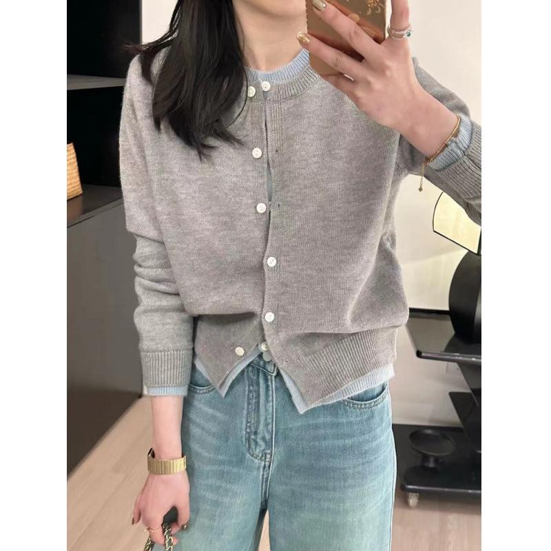 Korean Age-reducing Chic Contrasting Color Splicing Sweater Jacket Women's Autumn Lazy and Versatile Design Knitted Top Cardigan