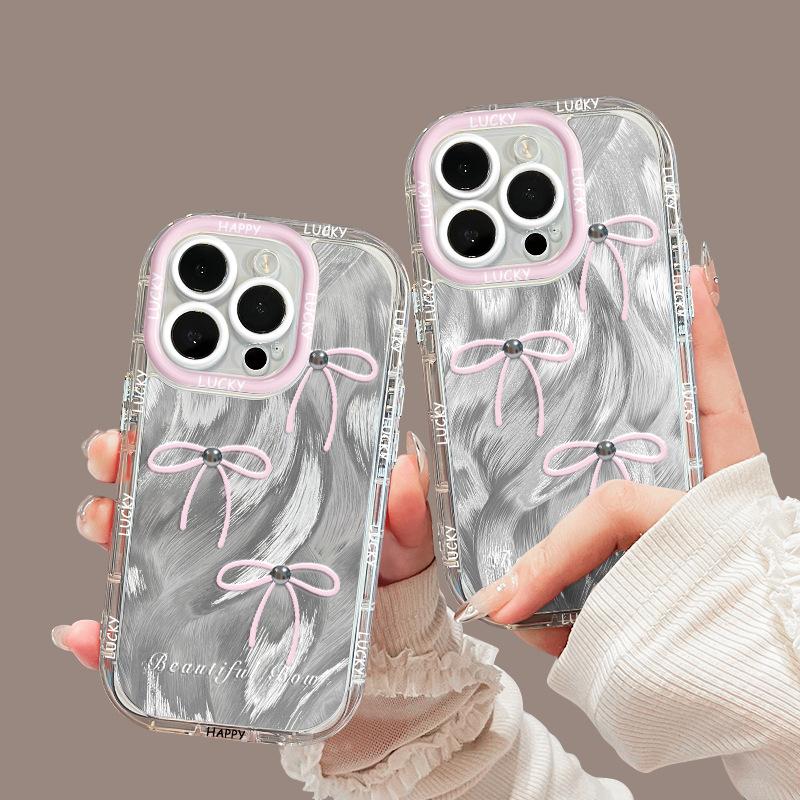 Pink Bow Suitable for Apple 16promax Mobile Phone Case Iphone15plus Feather Cream 14 13