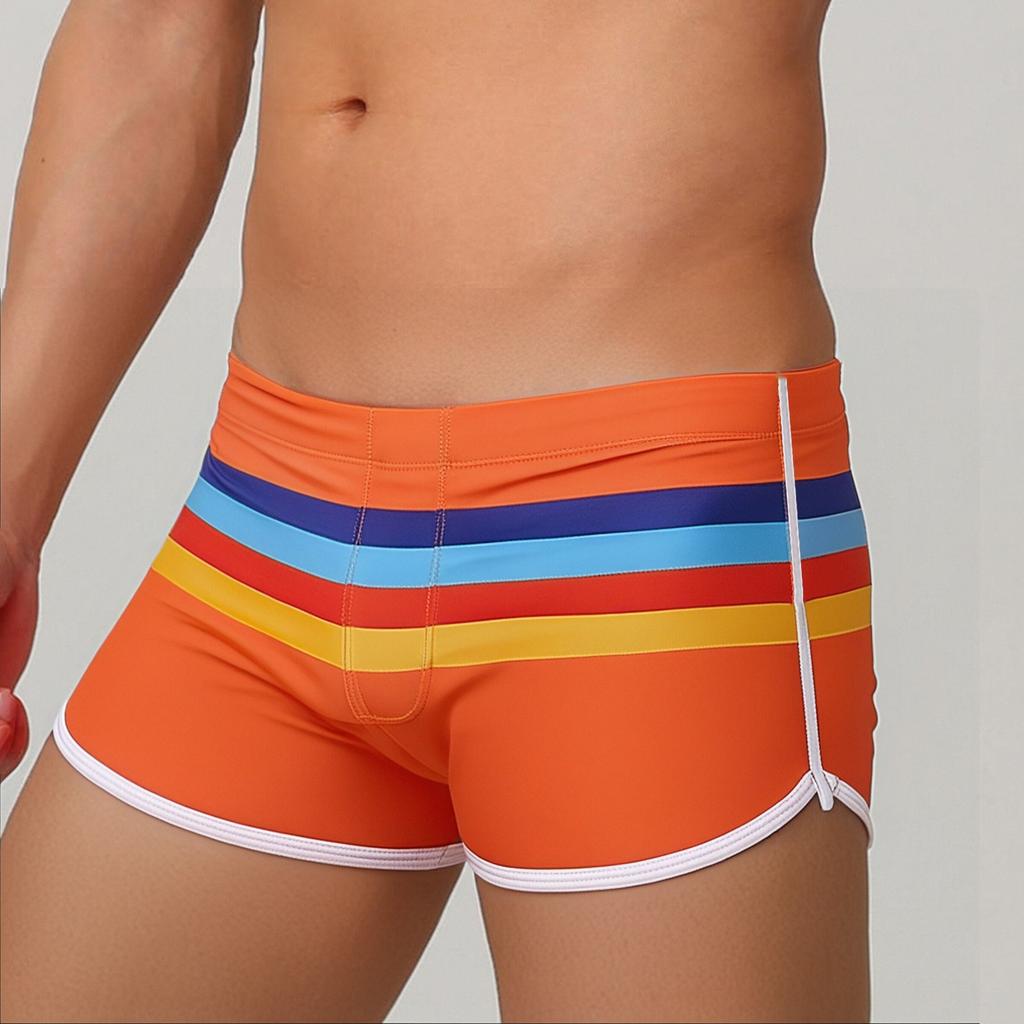 Men's Sports Split Colored Striped Boxer Shorts Swimming Beach Shorts Swimming Trunks