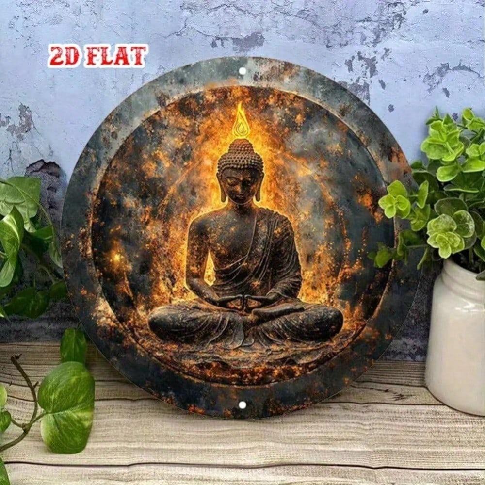 Vintage Buddha Metal Sign Round 7.87 Inch Flame Art Meditation Decor For Home Cafe Garage Aluminum Tin Plate