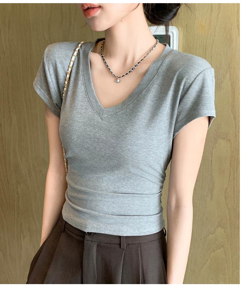 Women's V-Neck Slim Fit Waist-Cinching Short-Sleeve T-Shirt - Versatile High-End Niche Style