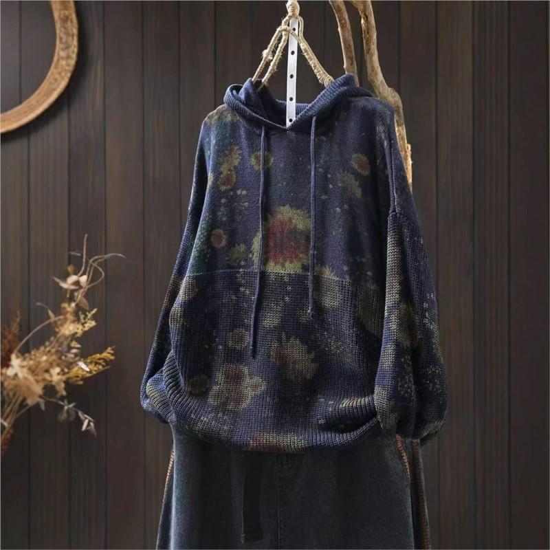 Vintage Print Drawstring Fashion Hooded Sweater Woman Winter Loose Long Sleeves Casual Sweater