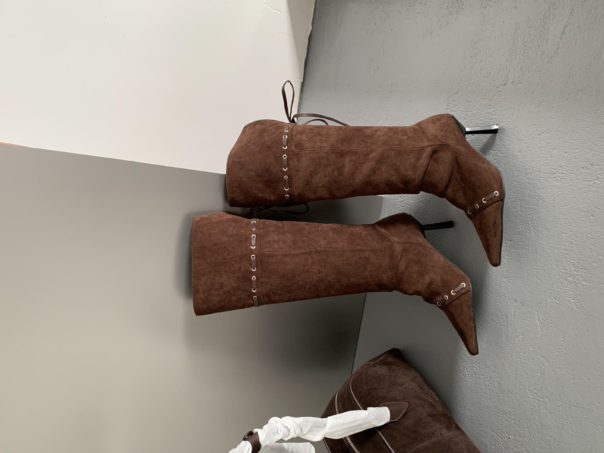 

осень-зима 2025 новая модель, ботфорты-плиссе, женские ботильоны-стилетто в стиле вестерн, ковбойские сапоги, длинные сапоги 39 коричневый