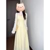 French Style Yellow Milk Waist-Cinching Suspender Dress with Cardigan for Female Students