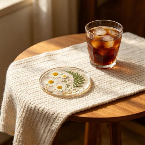 4Pcs Acrylic Dried Flower Coaster Heat-Resistant Waterproof Cup Mat Transparent Non-Slip