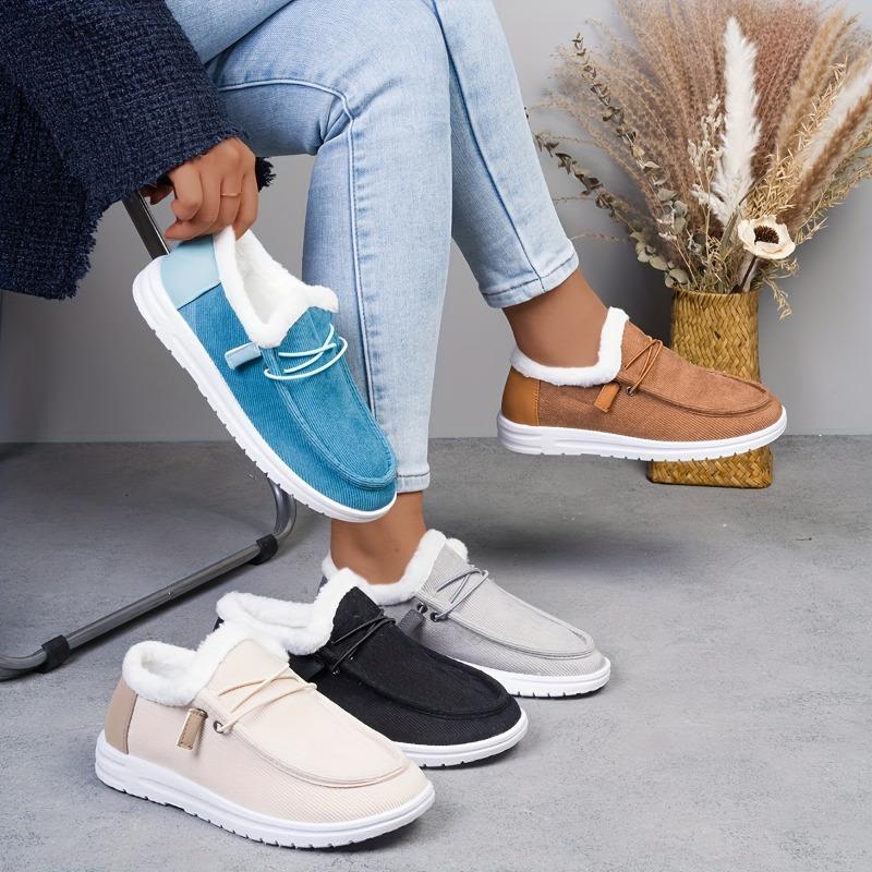 Women's Winter Warm Boots with Plush Corduroy Lining TPR Sole - Round Toe Ankle Boots in Beige, Black, Light Blue, Brown | Cozy Casual Shoes