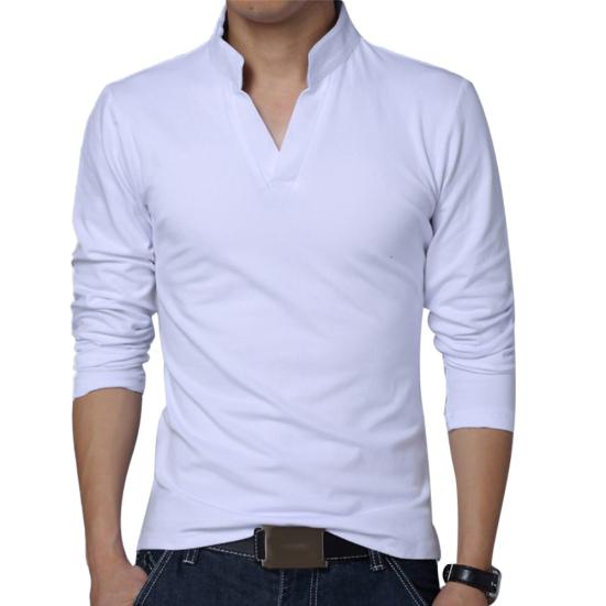 Solid Color Men Plus Size Stand Collar V Neck Long Sleeve T-Shirt Slim Fit Top