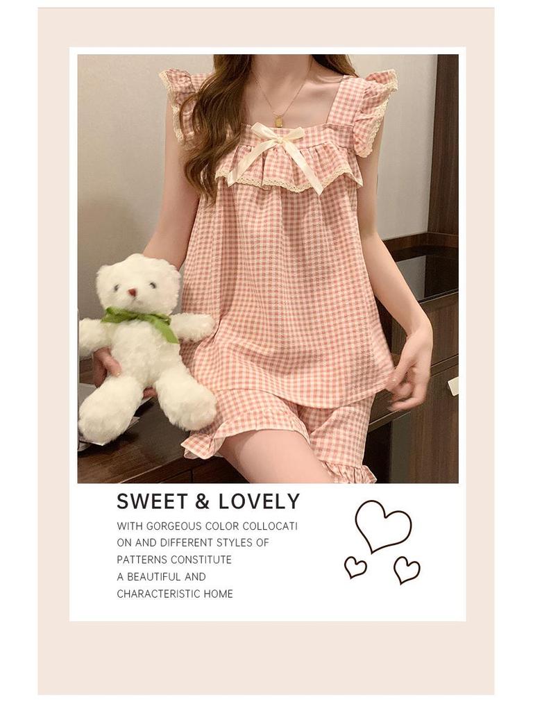 Women's Bubble Wrinkle Summer Plaid Pajama Set with Fixed Chest Pads - Sweet & Cute Homewear Suitable for Outdoor Wear