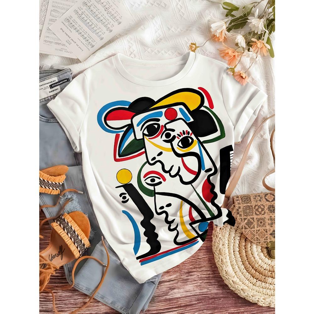 Abstract face printed T-shirt, women's fashionable top