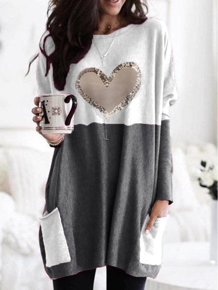 2026 Women Love Print Round Neck Tee Loose Long Sleeve Contrast Colors Wish