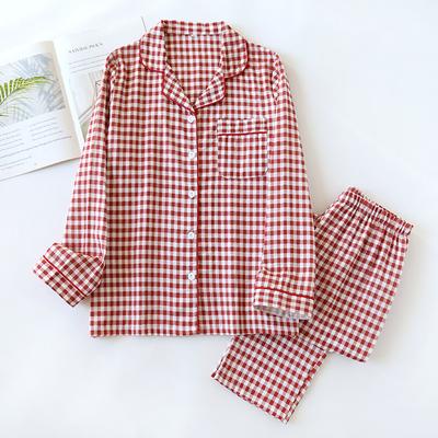 Frühlings- und Sommer-Pyjama-Set für Paare, 100 % Baumwolle, doppellagige Gaze, japanischer Karoanzug für Männer und Frauen, lange Ärmel