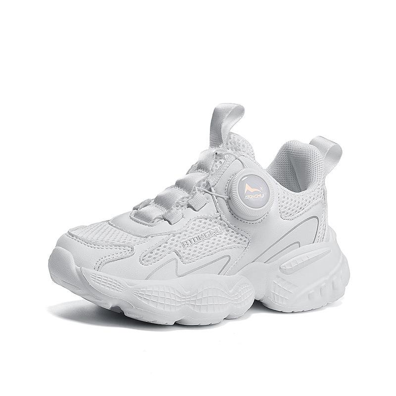 Middle-aged and Older Children's Little White Shoes Children's Versatile New 2025 Button Mesh Running Shoes Autumn Lightweight Sports Shoes Breathable