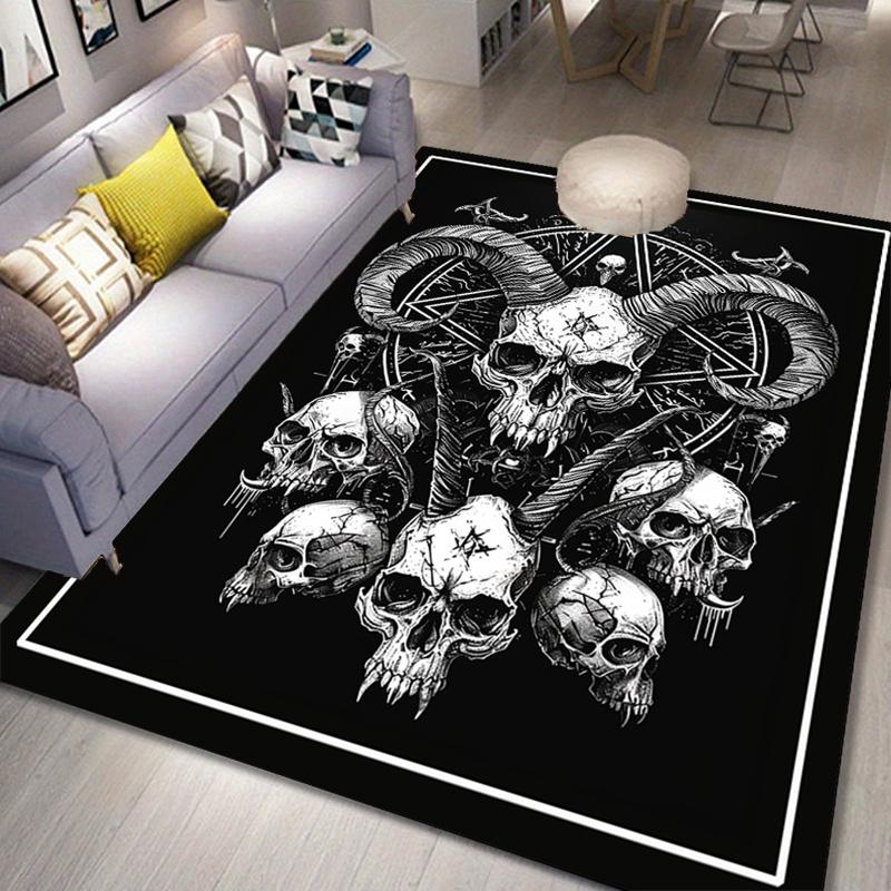 Gothic Skull Rug for Dark Aesthetic Rooms | Black and White Skeleton Art Carpet | Halloween Decorations Skid Resistant Carpet