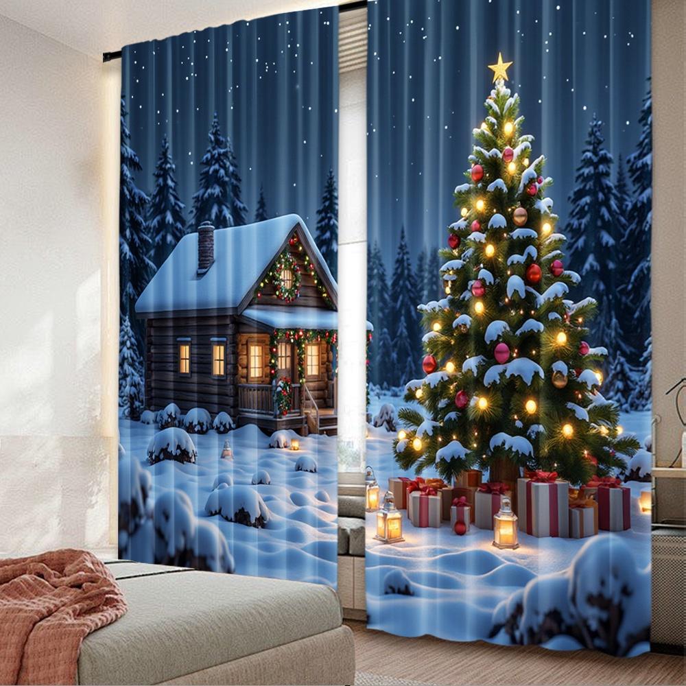 

Set Of 2 Flat Printing Happy Christmas Fashion Curtains Holiday House Digital Printed Polyester Drapes Festive Curtain Made W100*H70(CM)-Rod Pocket&2PCS