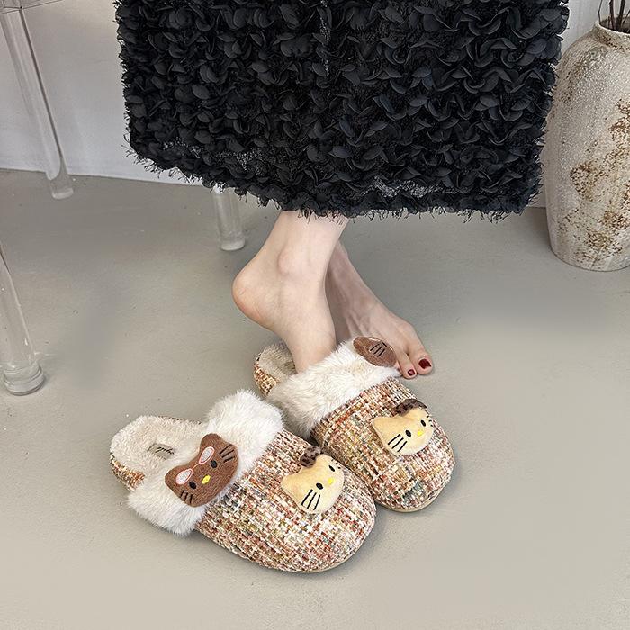 2025 autumn and winter cotton slippers new fashion trend small fragrant plaid cotton slippers warm home wear women's