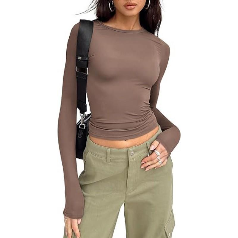 Womens Basic Long Sleeve Top Slim Fit Round Neck Milk Soft Tee Casual Everyday Wear