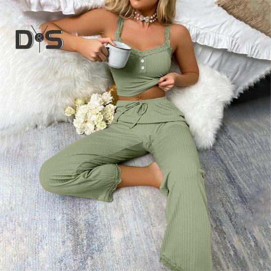 2 Pcs/Set Pants Top Suit Low-cut V Neck Sleeveless Solid Color Shirring Drawstring High Elastic Waist Lace Women Summer Pajamas Set Homewear Tank Top