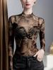 2025 Women's Autumn Semi-Sheer Mesh Base Layer Top with Ink Wash Print and Stand Collar