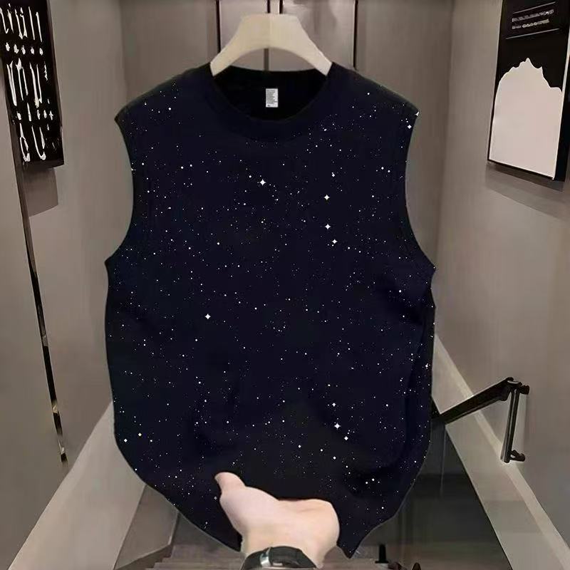 Men's Sleeveless Vest Star Glitter Powder Hot Diamond Crew Neck Loose Breathable Sports Top