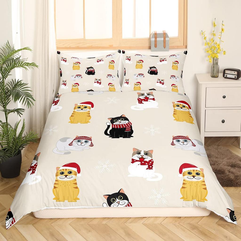 Cute Cat King Queen Duvet Cover Kitten Bedding Set Purple Floral Butterflies Polyester Quilt Cover Pet Animal Comforter Cover
