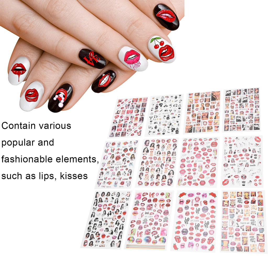12 Sheet Lips Lady Pattern Nail Art Stickers SelfAdhesive Nail Decals Decoration