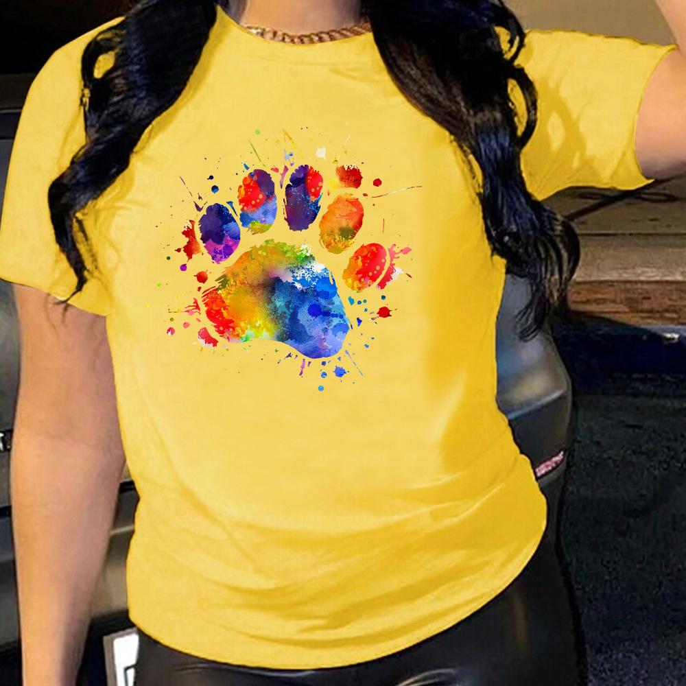 Dog Paw Pattern Cotton T-Shirt Short Sleeve Round Neck Women 2d Print Tops