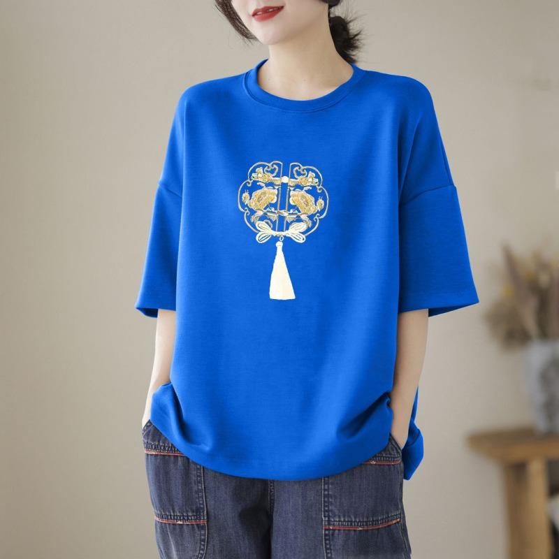 Women's Chinese Knot Embroidery Drop Shoulder T-Shirt