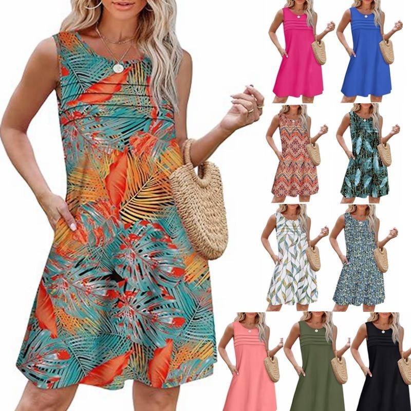 Women's Casual Crew-neck Pleated Sleeveless Print Pocket Dress