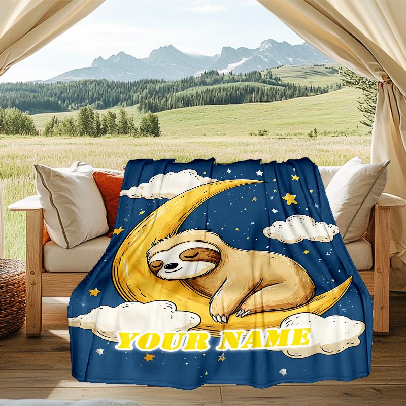 1PC Custom Name Sloth Dreams Moon outdooor Flannel blankets Patterns Throw Blanket All-Season Soft Gift for Couch, Bed, Camping gifts