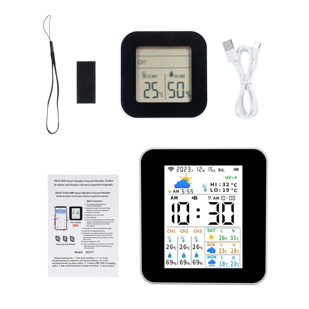 Wireless Tuya Weather Station Indoor Outdoor Thermometer 3pcs Sensors Humidity and Temperature Meter Real-time Forecast Monitor