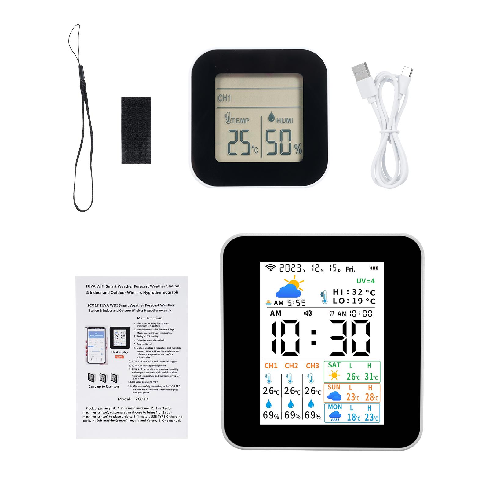 

Беспроводная метеостанция Tuya Внутренний Наружный термометр 3 датчика Измеритель влажности и температуры Монитор прогноза в реальном времени