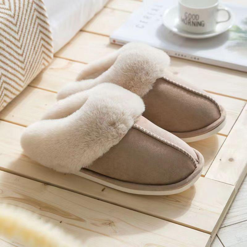 Faux Suede Home Women Full Fur Slippers Winter Warm Plush Bedroom Non-Slip Couples Shoes Indoor Ladies Furry Slippers