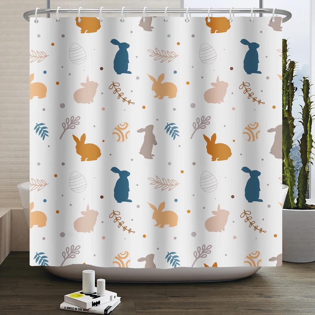 Spring Easter Shower Curtain Happy Rabbit Bunny Eggs Flower Garden Floral Holiday Waterproof Bathroom Shower Curtain With Hooks