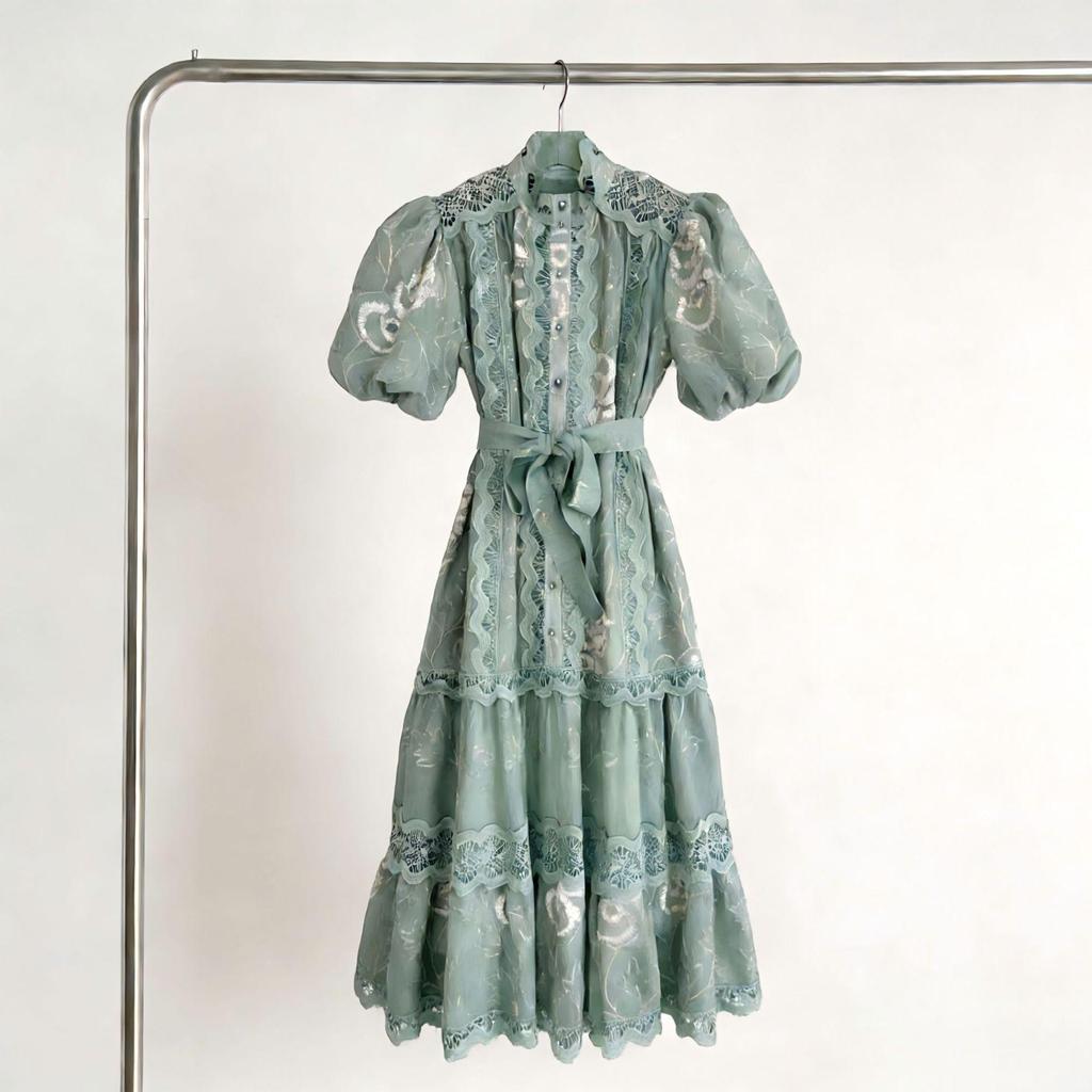Lace Stand Collar Embroidered Patchwork Puff Sleeve Dress