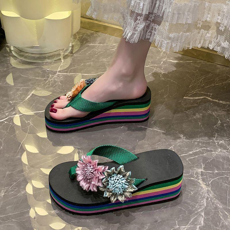 Fairy flower high heel one-word slippers female summer wear 2025 fashion with skirt thick bottom slope heel cool slippers