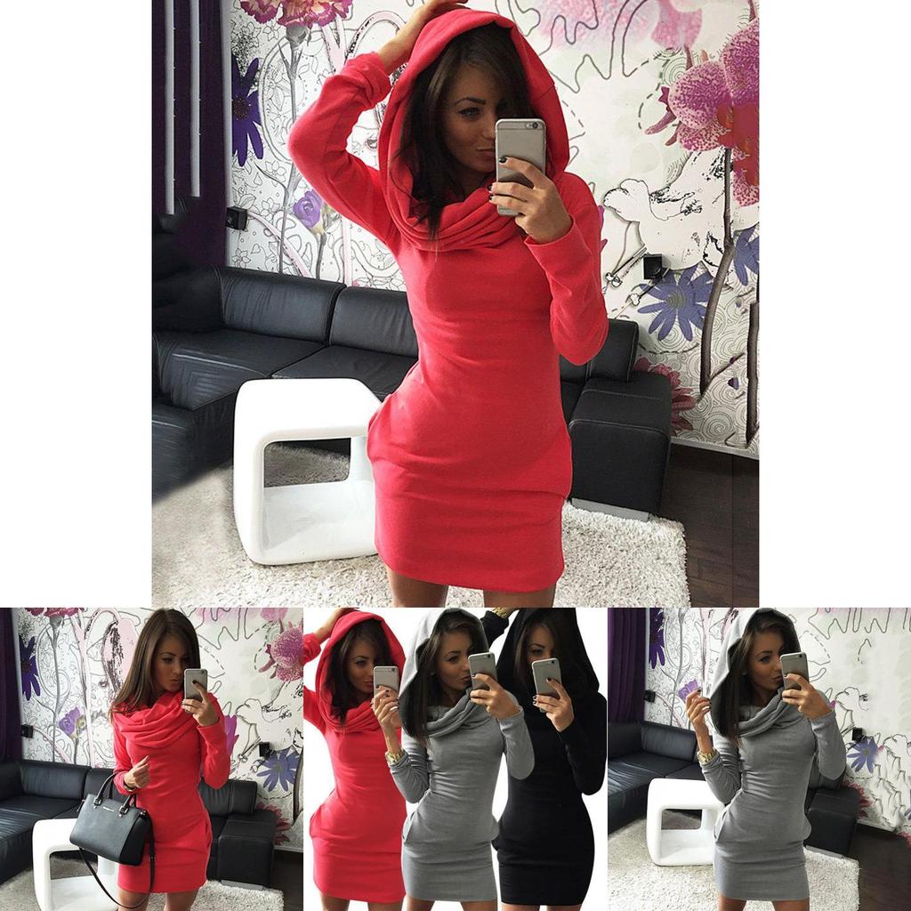 Elegant Autumn Spring Warm Women Dress With Irregular Hem And Cozy Hooded Design