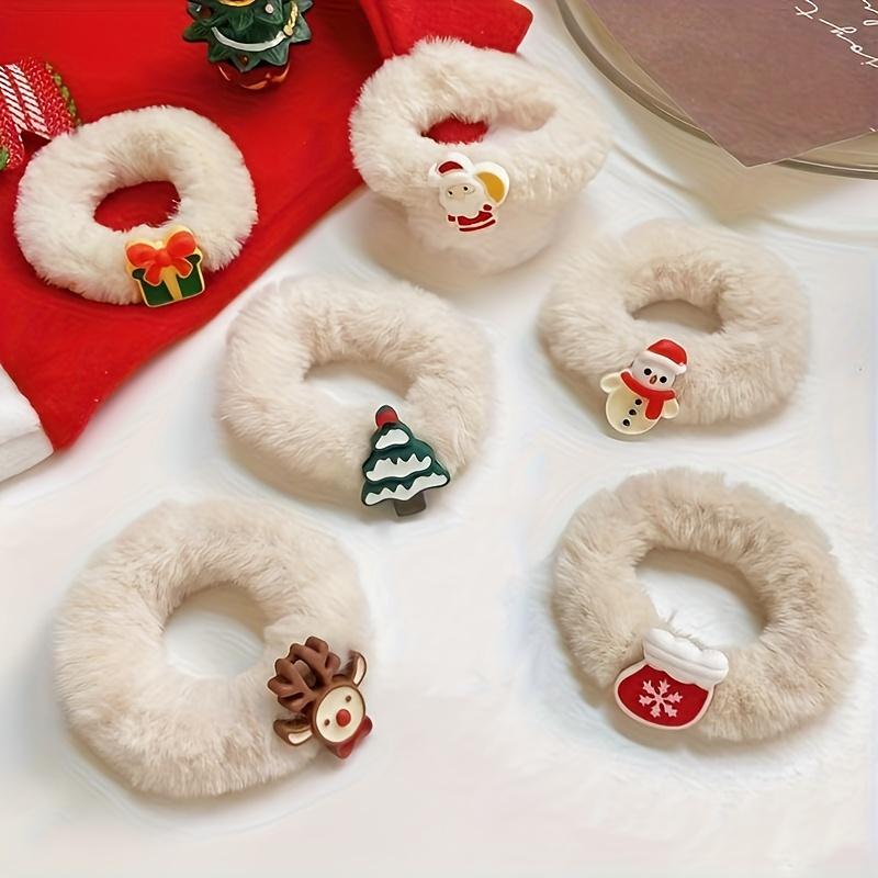 6pcs Cute Christmas Hair Ties - Plush Elk & Snowflake Design, Soft Hair Bands for Women, Festive Holiday Hair Accessories
