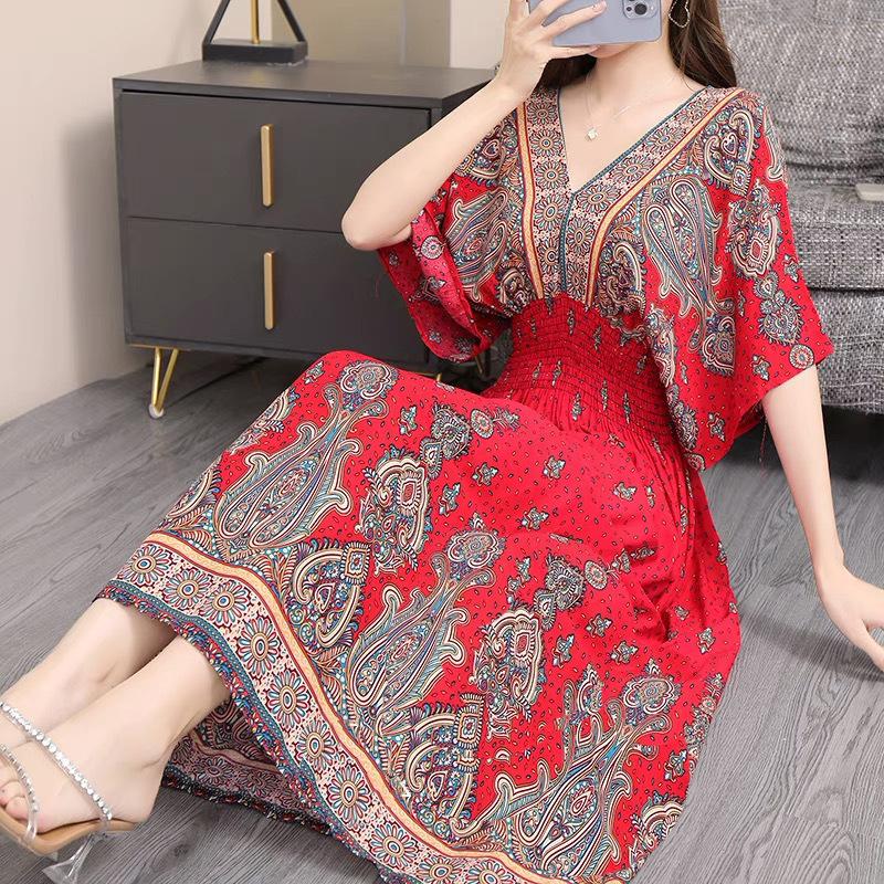 Casual Elegant Retro Bohemian National Style V-neck Elastic  Waist Large Swing Printed Summer Long Skirt Woman Dress Clothes