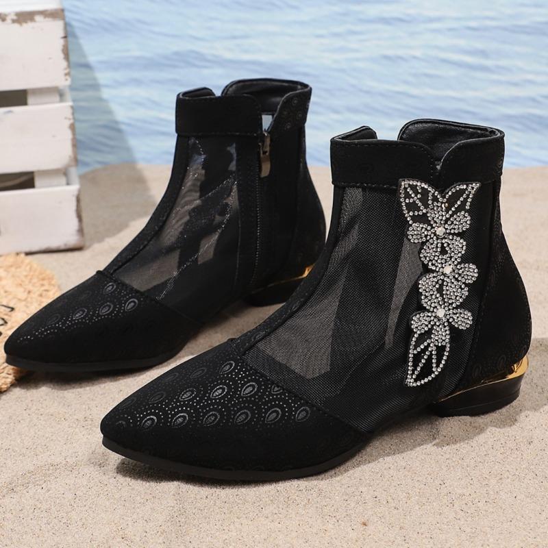 Fashion Women's Low-heeled Cool Boots Fashion Pointy Side Zipper Sequin Mesh Breathable Soft-soled Non-slip Ankle Boots