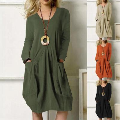 Robe longue décontractée ample en coton et lin pour femme Robe de couleur à poche