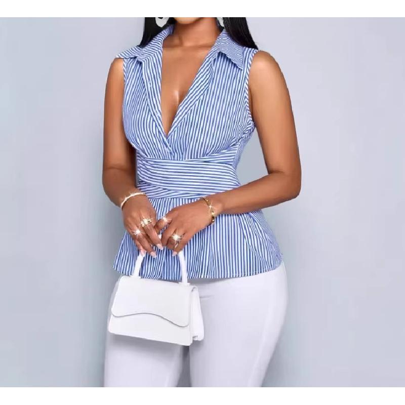 Women's new striped sleeveless blue shirt summer tie-waist tank top