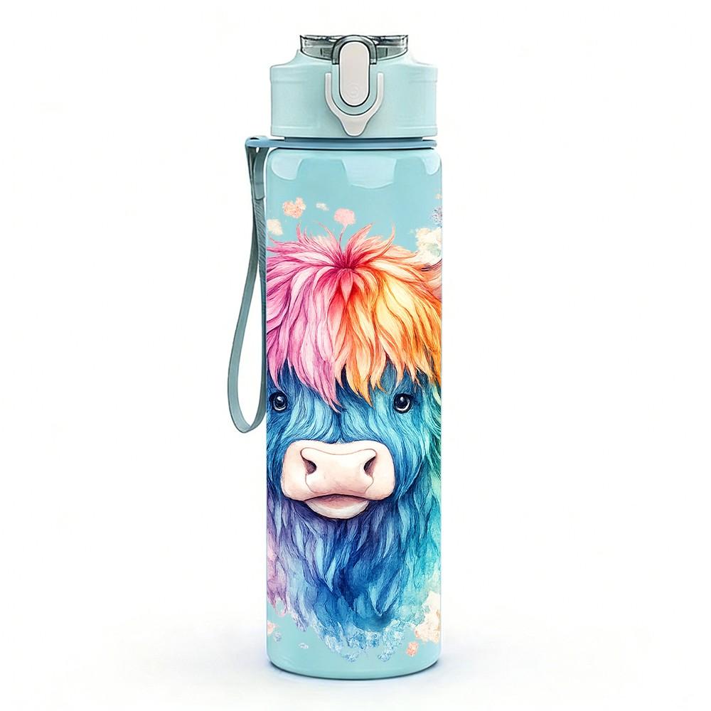 1PC Highland Cow Color Splash Art Print 750ml Color Plastic Sports Water Bottle Leakproof Flip Straw Lid Suitable for Sports Office Home Use