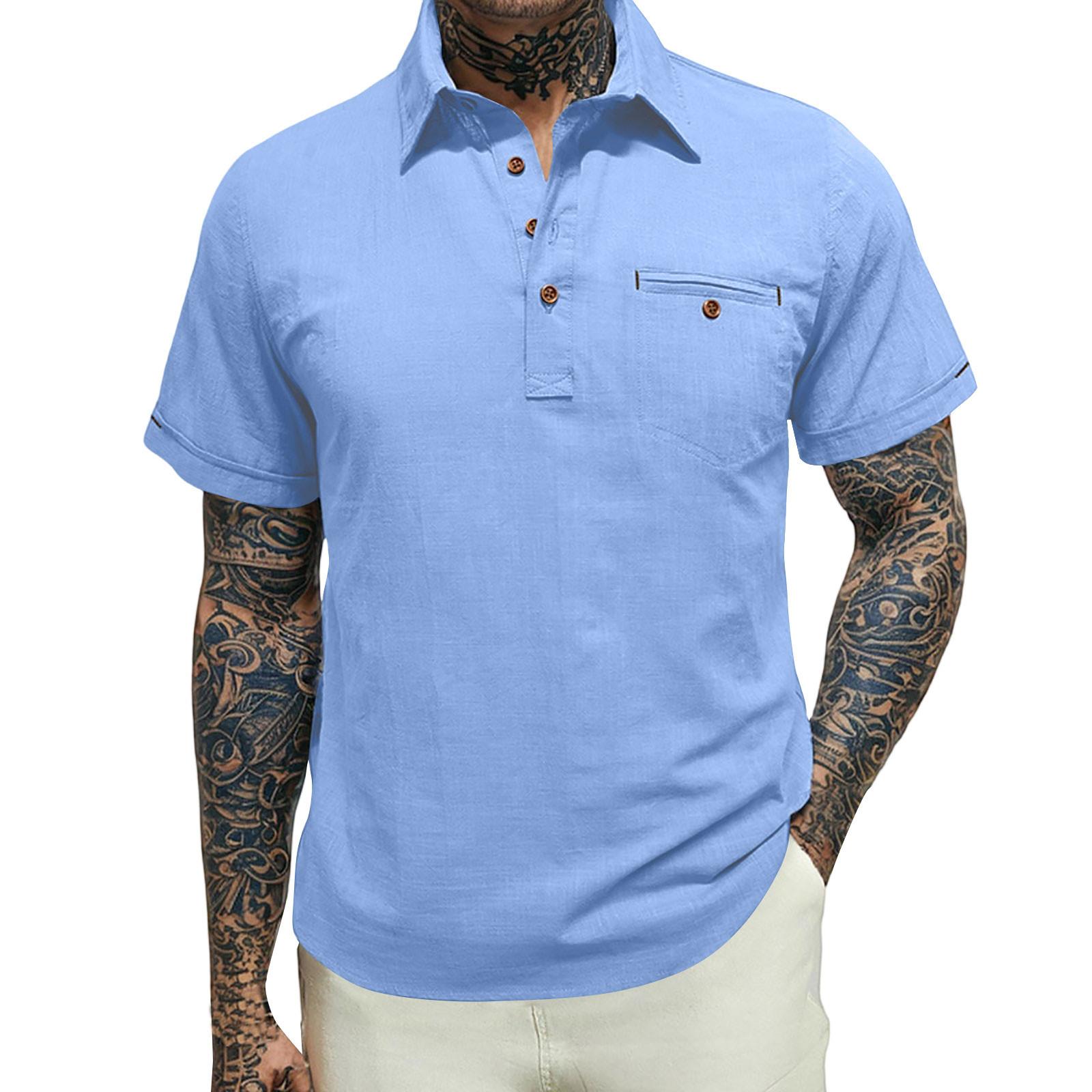 

Men S Casual Button Decoration Lapel Short Sleeved Shirt Top M синій