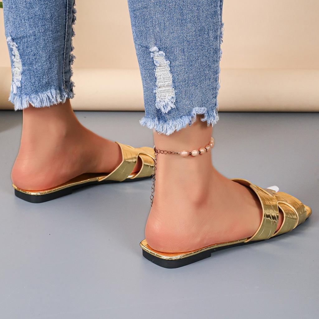 Golden Open Heeled Flat Women's Shoes Leather Sandals Bathroom Slippers Beach Footwear Comfortable Slip-On Sandals for Women