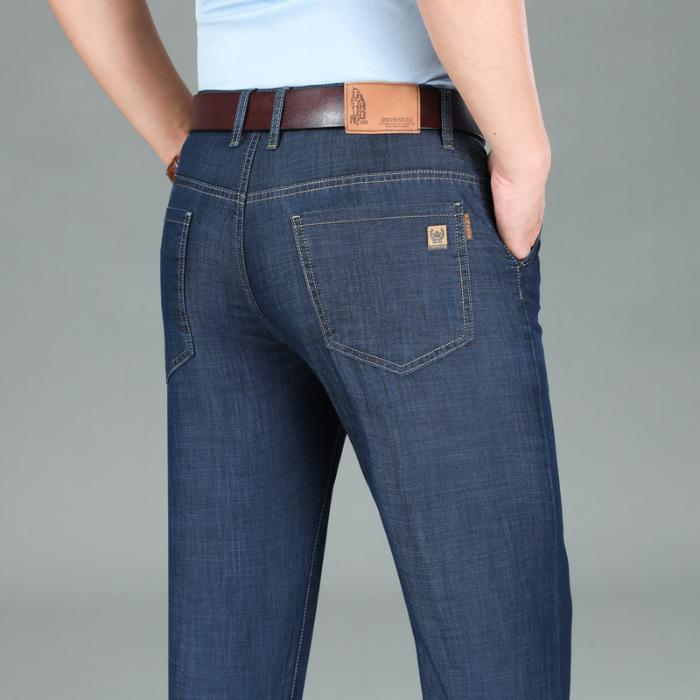 

Летние новые высококачественные мужские джинсы, эластичные, светлого цвета, прямые, с высокой талией, деловые, повседневные, джинсовые брюки 28 темно-синий