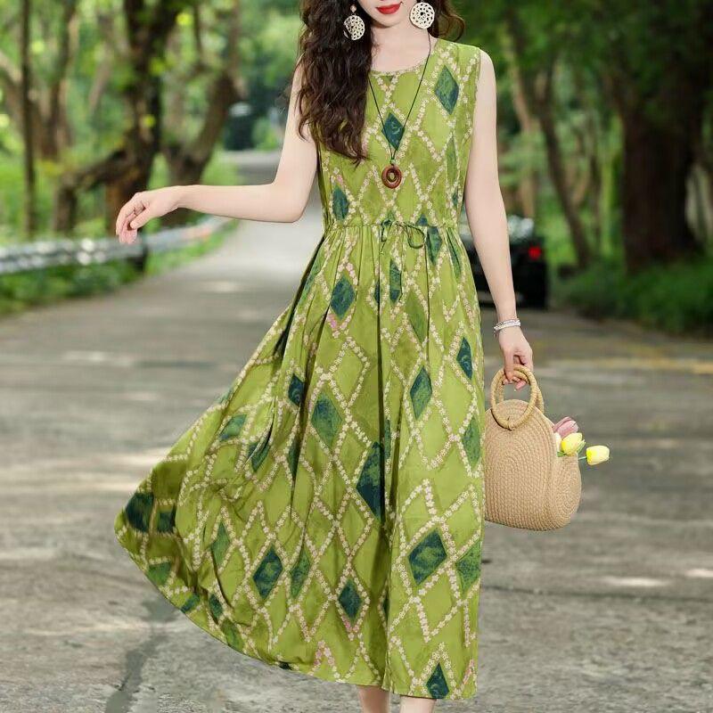 New Summer Floral Cotton-Silk Sleeveless Dress - Plus Size, Loose Fit, Slimming, Vacation Style Mom’s Long Dress